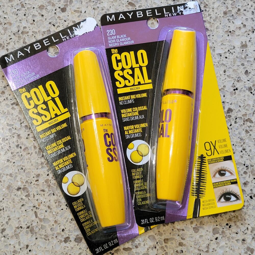 2 Maybelline The COLOSSAL Washable Mascara #230 GLAM BLACK Collagen Infused✨️NEW